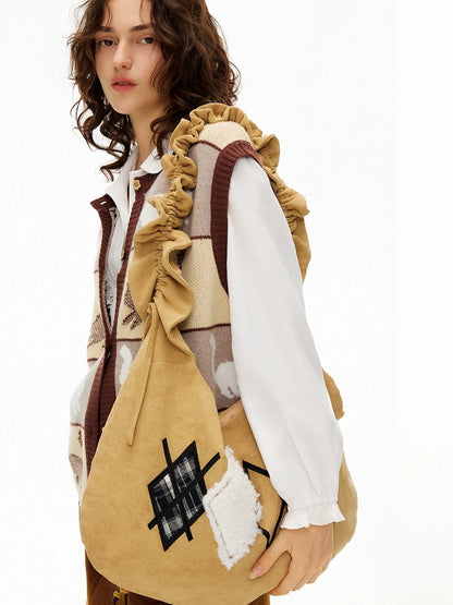 OuttheBlue Embroidered Geometric Canvas Dumpling Shoulder Crossbody Youth Light Brown Bag