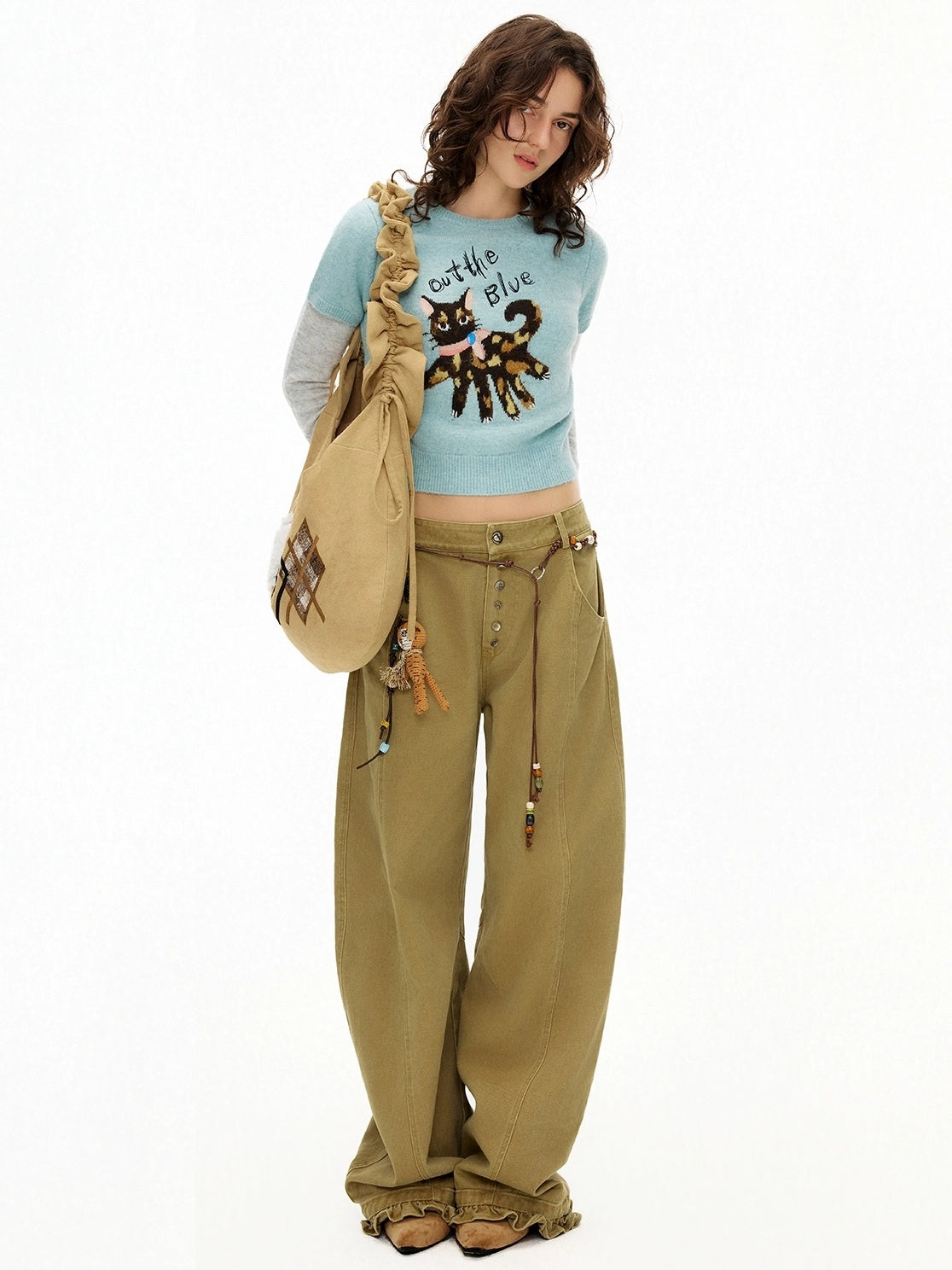 OuttheBlue Embroidered Geometric Canvas Dumpling Shoulder Crossbody Youth Light Brown Bag