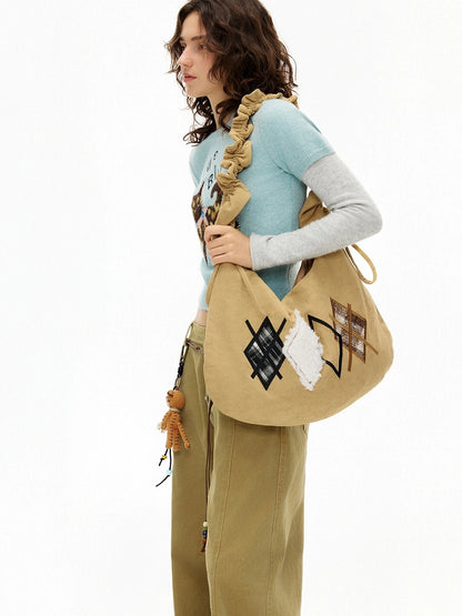 OuttheBlue Embroidered Geometric Canvas Dumpling Shoulder Crossbody Youth Light Brown Bag