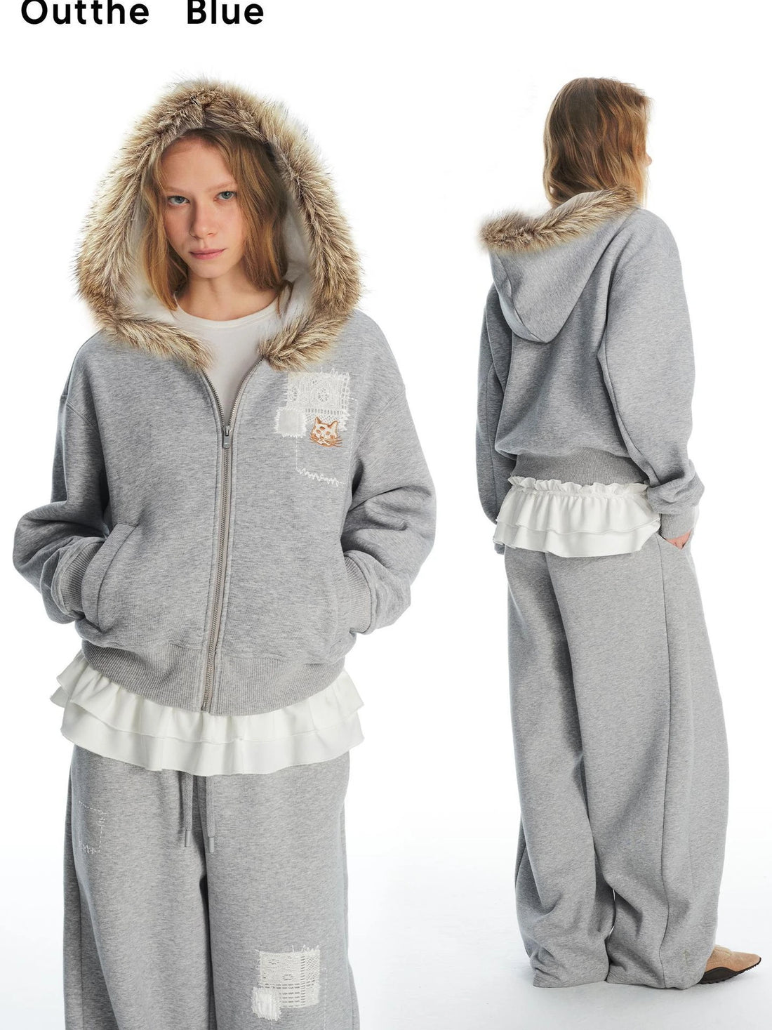 OuttheBlue Embroidered Lace Cat Hooded Fleece Sweater Set