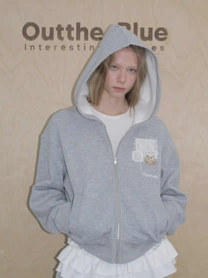 OuttheBlue Embroidered Lace Cat Hooded Fleece Sweater Set