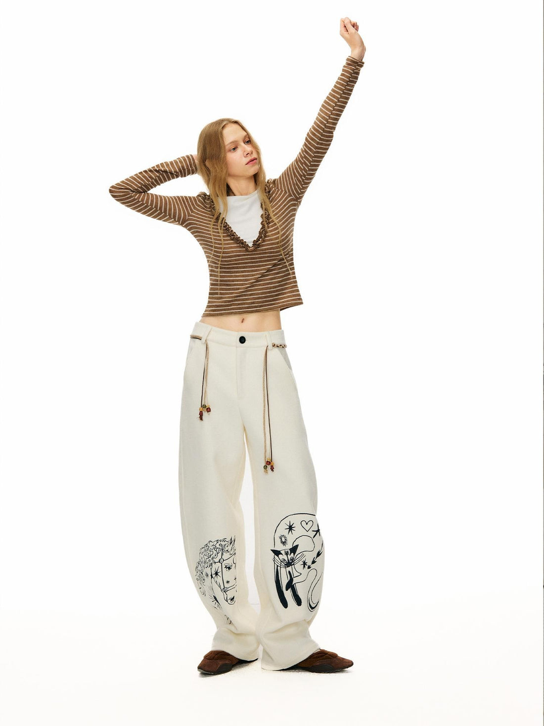 OuttheBlue Embroidered Snow White Wool Blend Curved Cut Natural Waist Women Pants