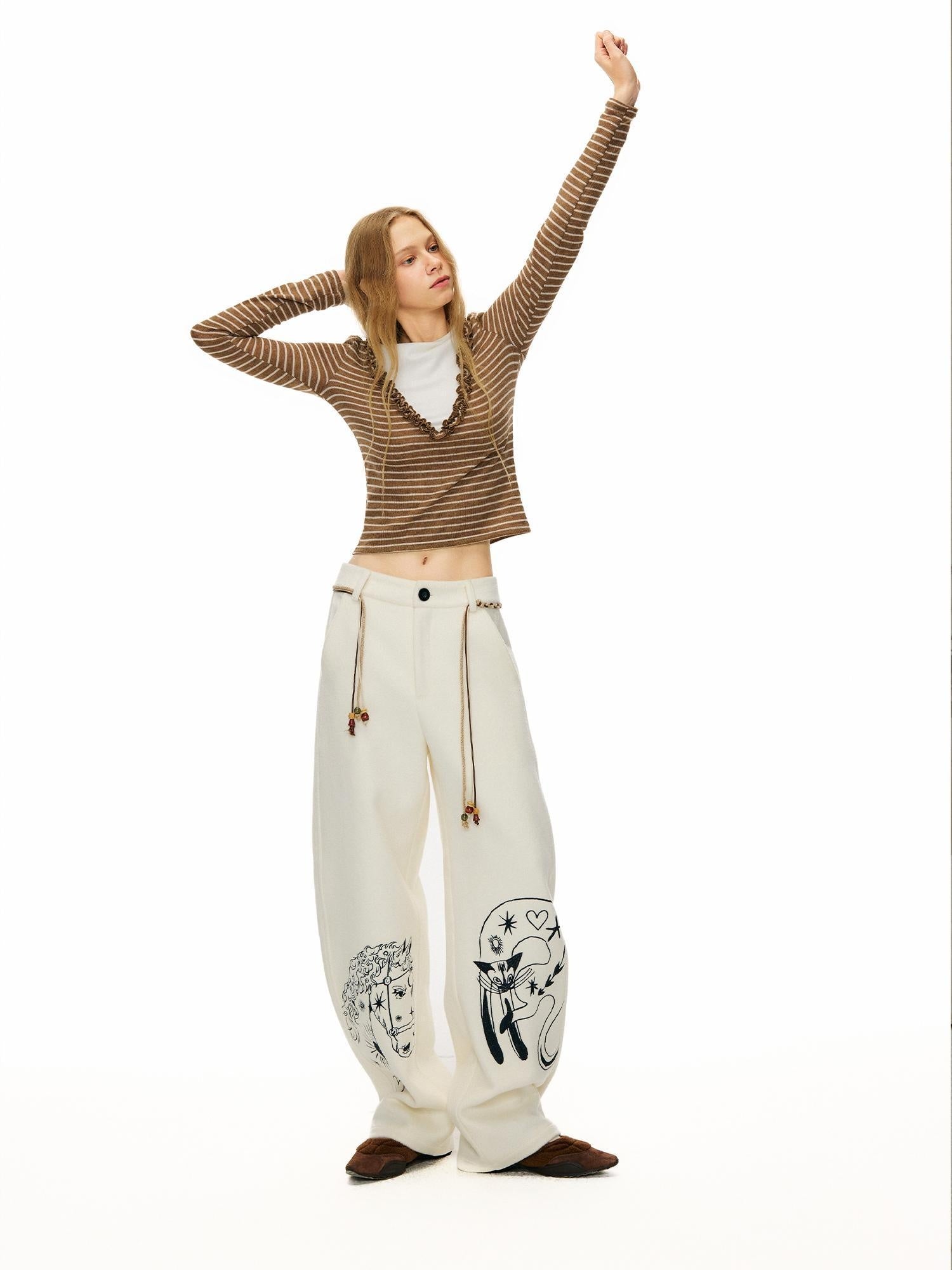 OuttheBlue Embroidered Snow White Wool Blend Curved Cut Natural Waist Women Pants