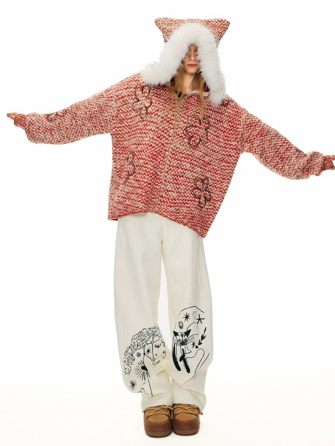 OuttheBlue Embroidered Snow White Wool Blend Curved Cut Natural Waist Women Pants