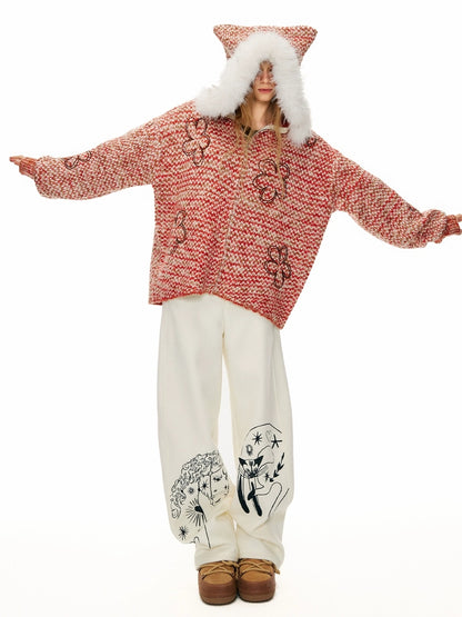 OuttheBlue Embroidered Snow White Wool Blend Curved Cut Natural Waist Women Pants