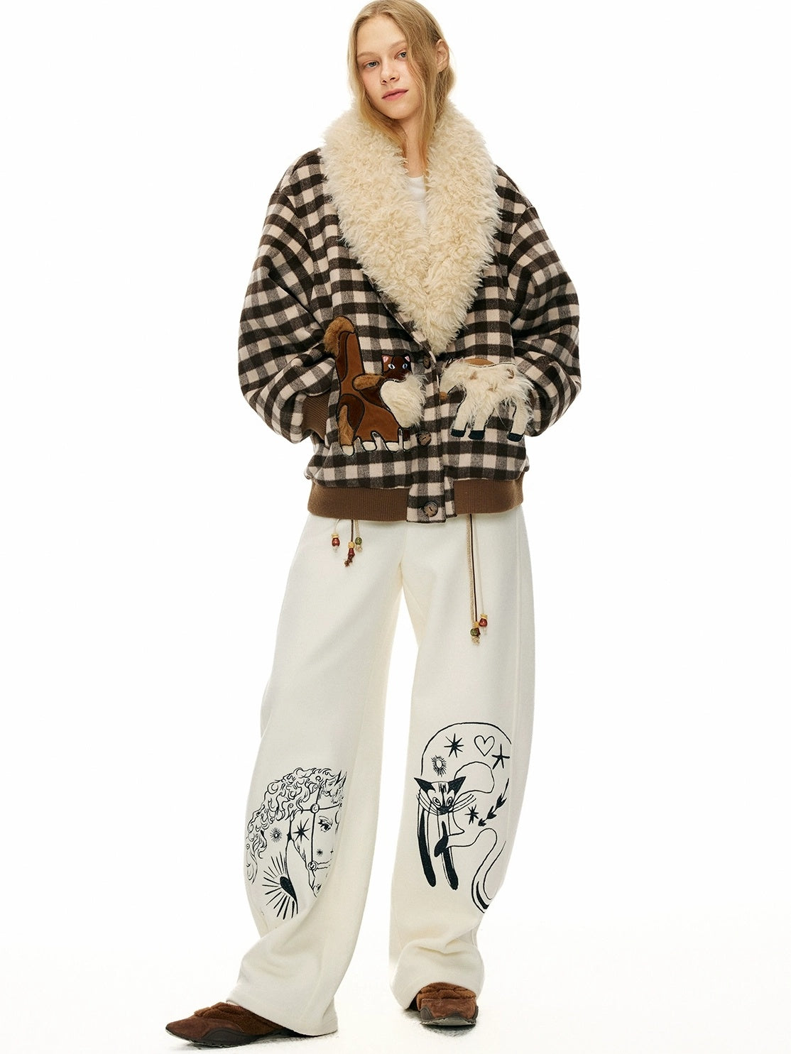 OuttheBlue Embroidered Snow White Wool Blend Curved Cut Natural Waist Women Pants