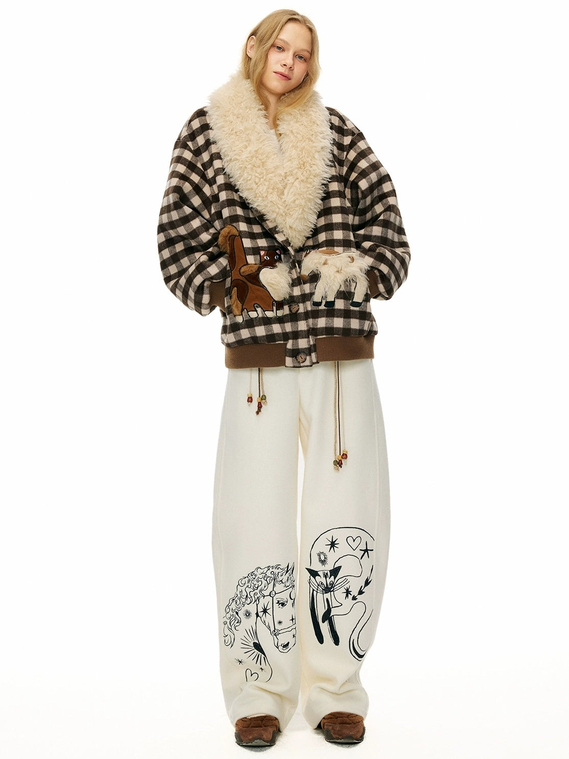 OuttheBlue Embroidered Snow White Wool Blend Curved Cut Natural Waist Women Pants