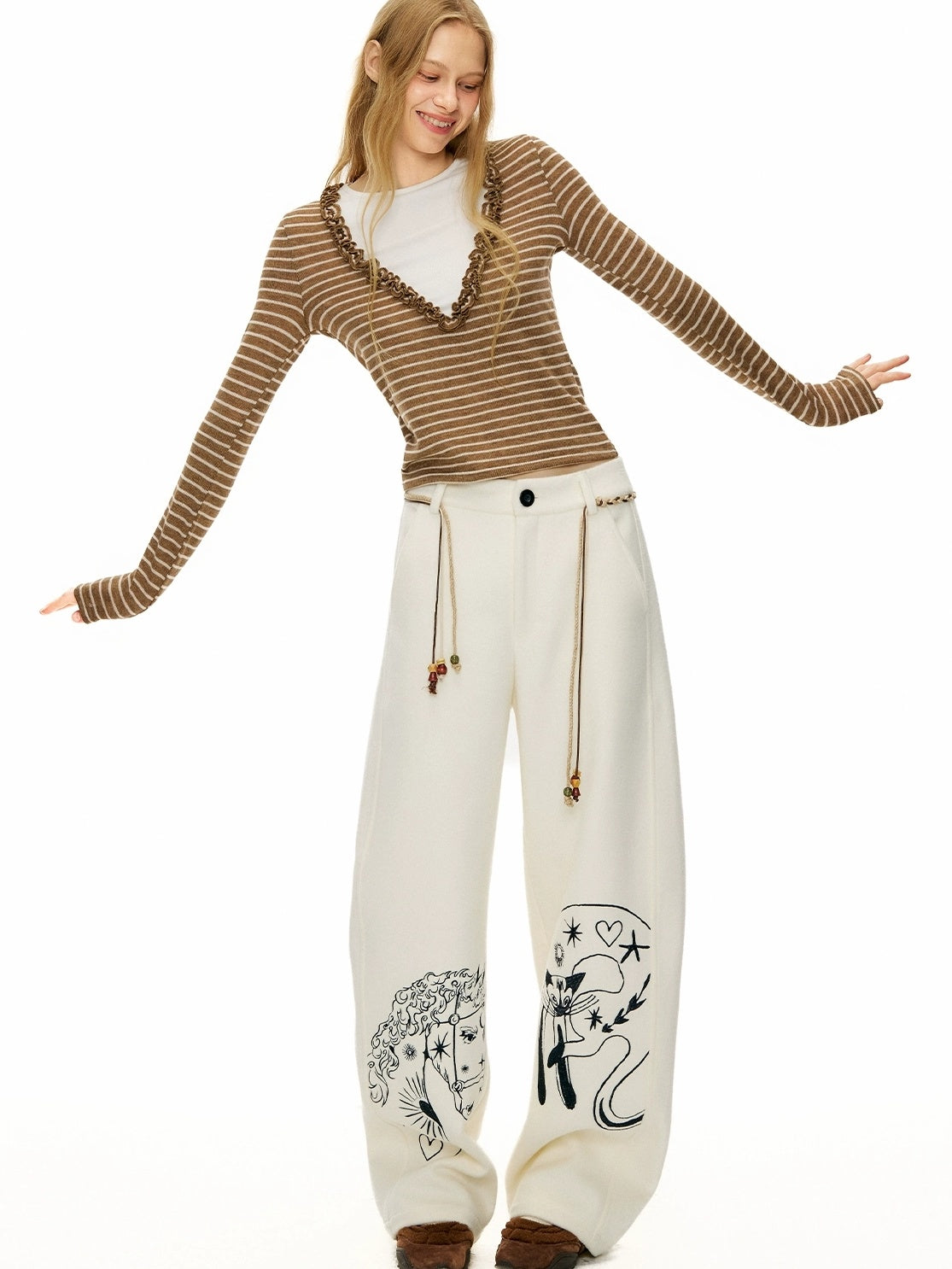 OuttheBlue Embroidered Snow White Wool Blend Curved Cut Natural Waist Women Pants