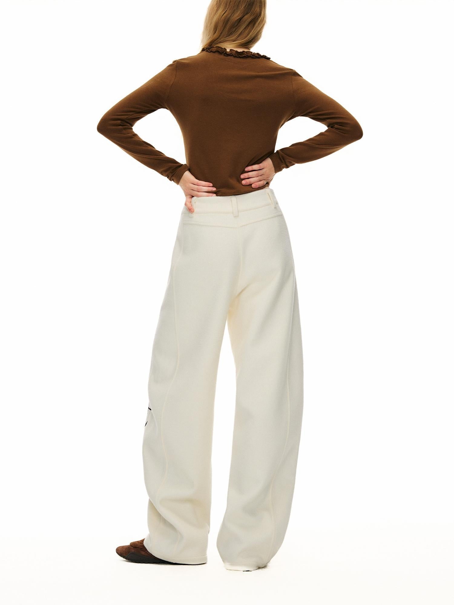 OuttheBlue Embroidered Snow White Wool Blend Curved Cut Natural Waist Women Pants