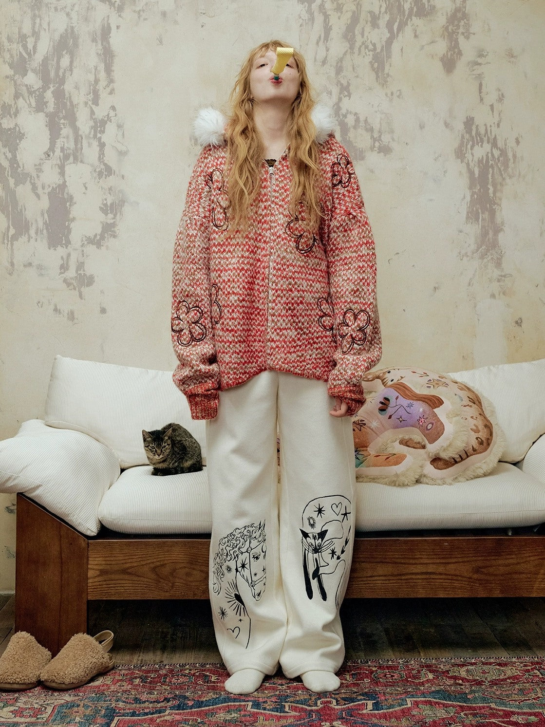 OuttheBlue Embroidered Snow White Wool Blend Curved Cut Natural Waist Women Pants