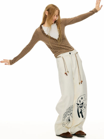 OuttheBlue Embroidered Snow White Wool Blend Curved Cut Natural Waist Women Pants