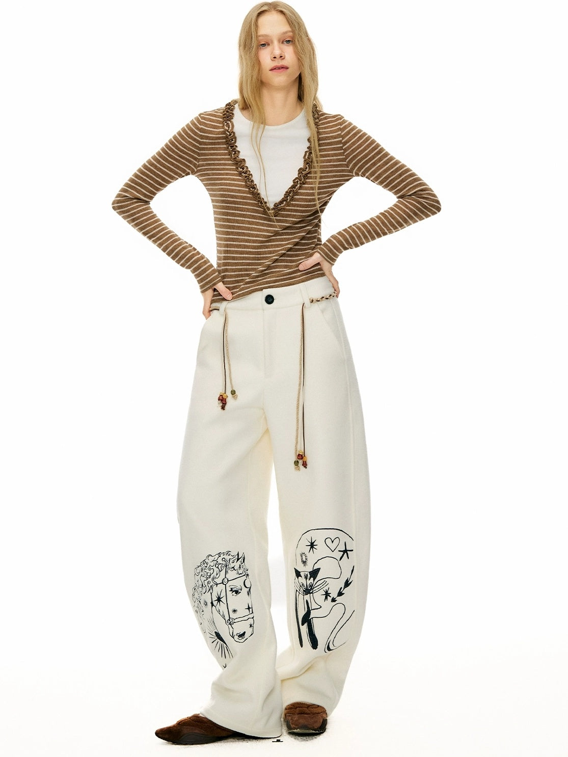 OuttheBlue Embroidered Snow White Wool Blend Curved Cut Natural Waist Women Pants