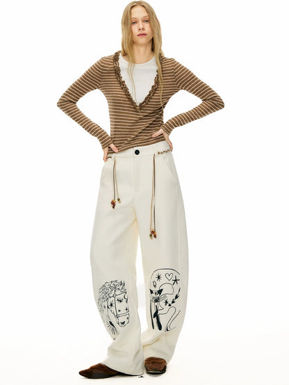 OuttheBlue Embroidered Snow White Wool Blend Curved Cut Natural Waist Women Pants