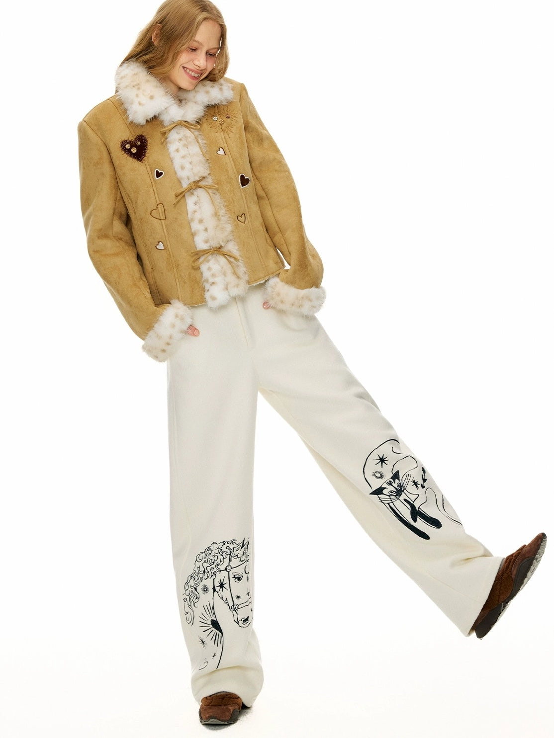 OuttheBlue Embroidered Snow White Wool Blend Curved Cut Natural Waist Women Pants