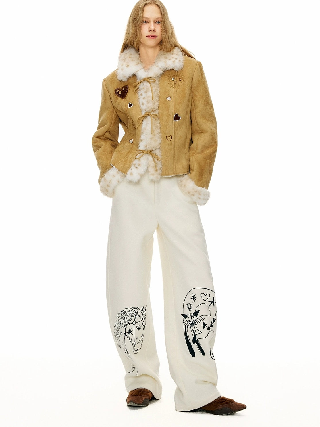 OuttheBlue Embroidered Snow White Wool Blend Curved Cut Natural Waist Women Pants