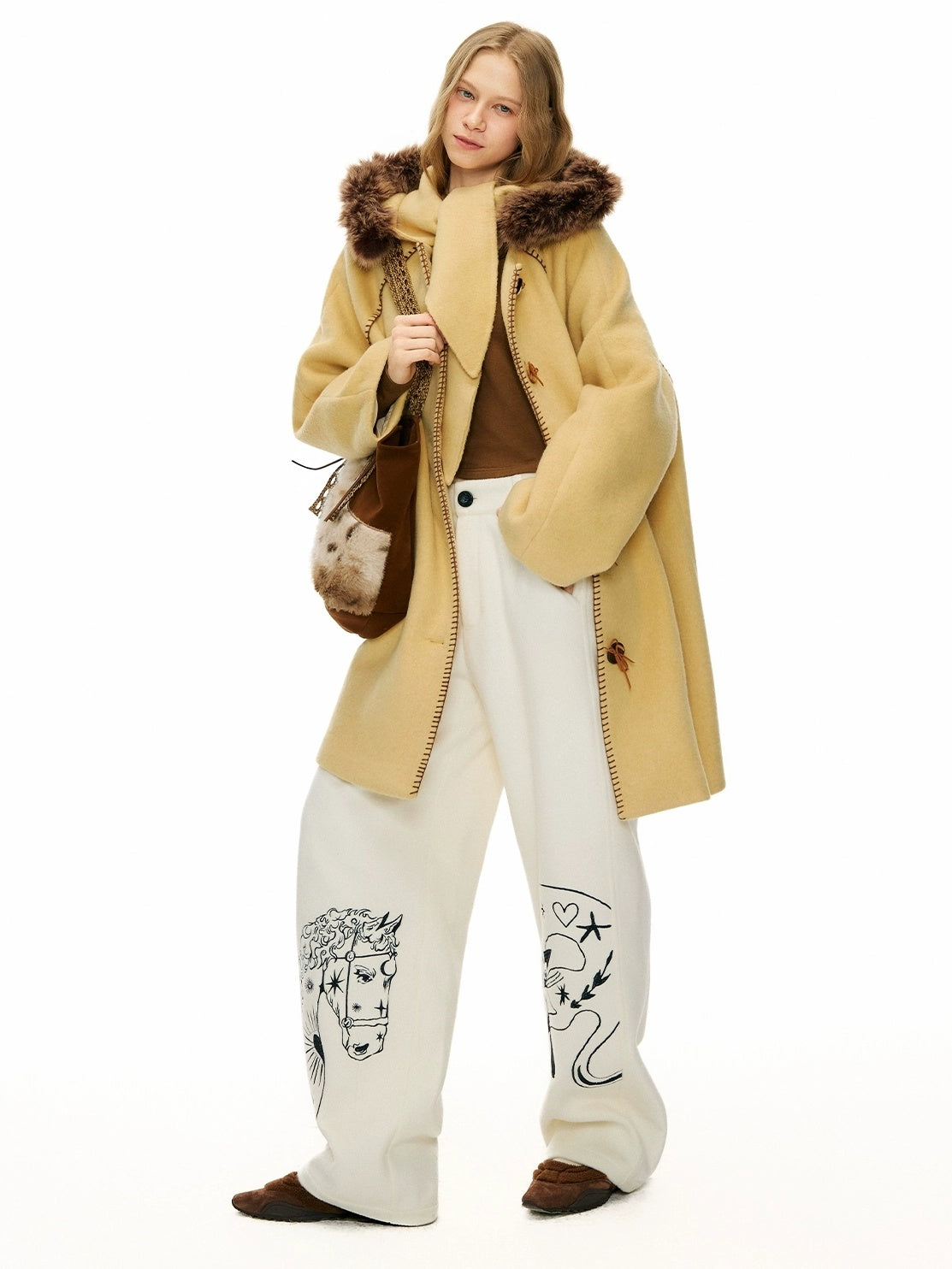 OuttheBlue Embroidered Snow White Wool Blend Curved Cut Natural Waist Women Pants