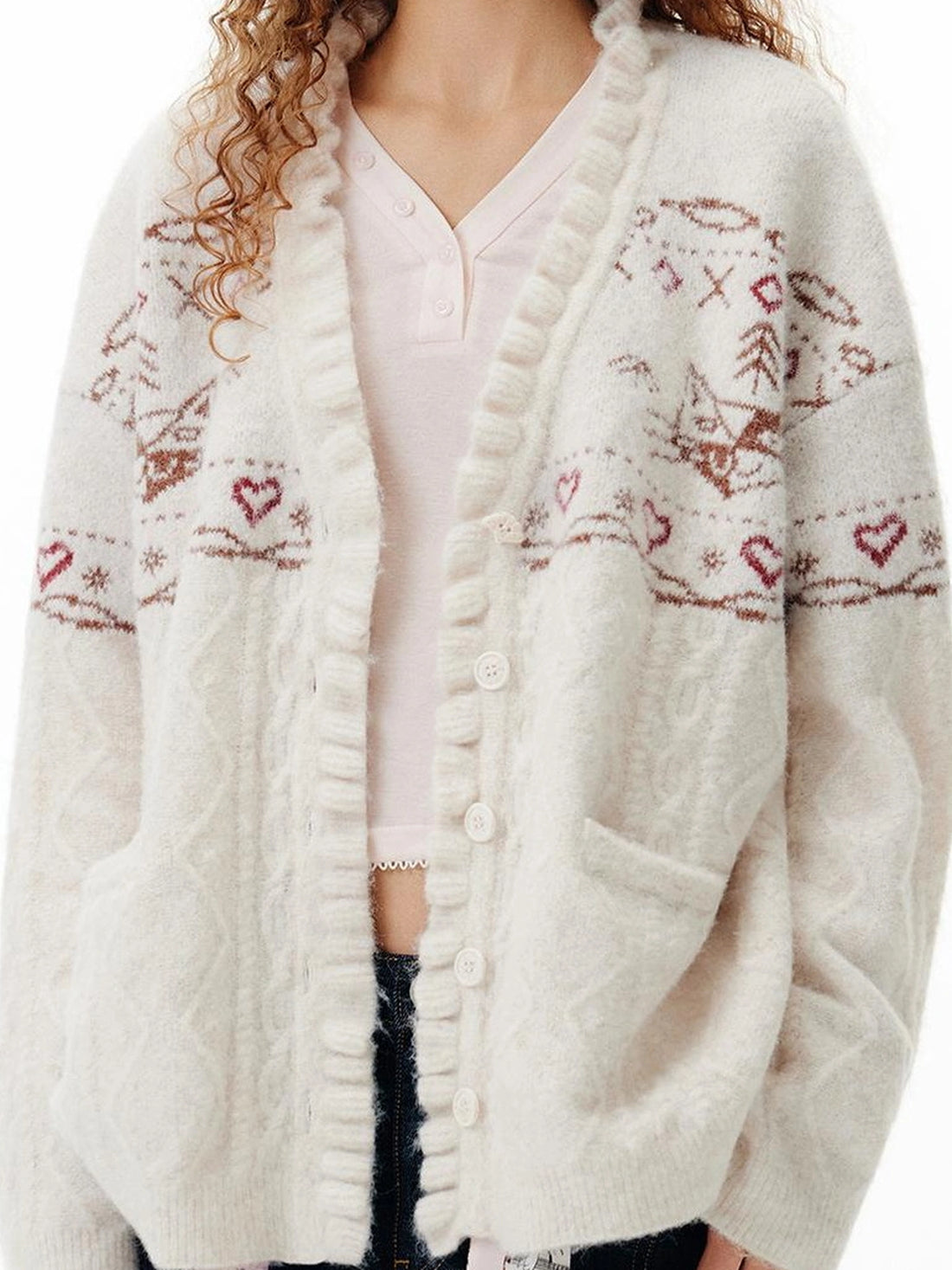 OuttheBlue Fair Isle Cable Lace Cardigan V-neck T-shirt Long Sleeve