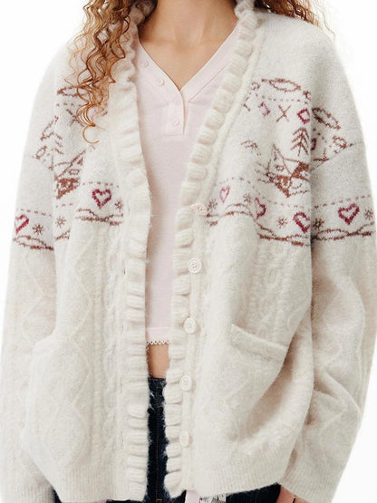 OuttheBlue Fair Isle Cable Lace Cardigan V-neck T-shirt Long Sleeve