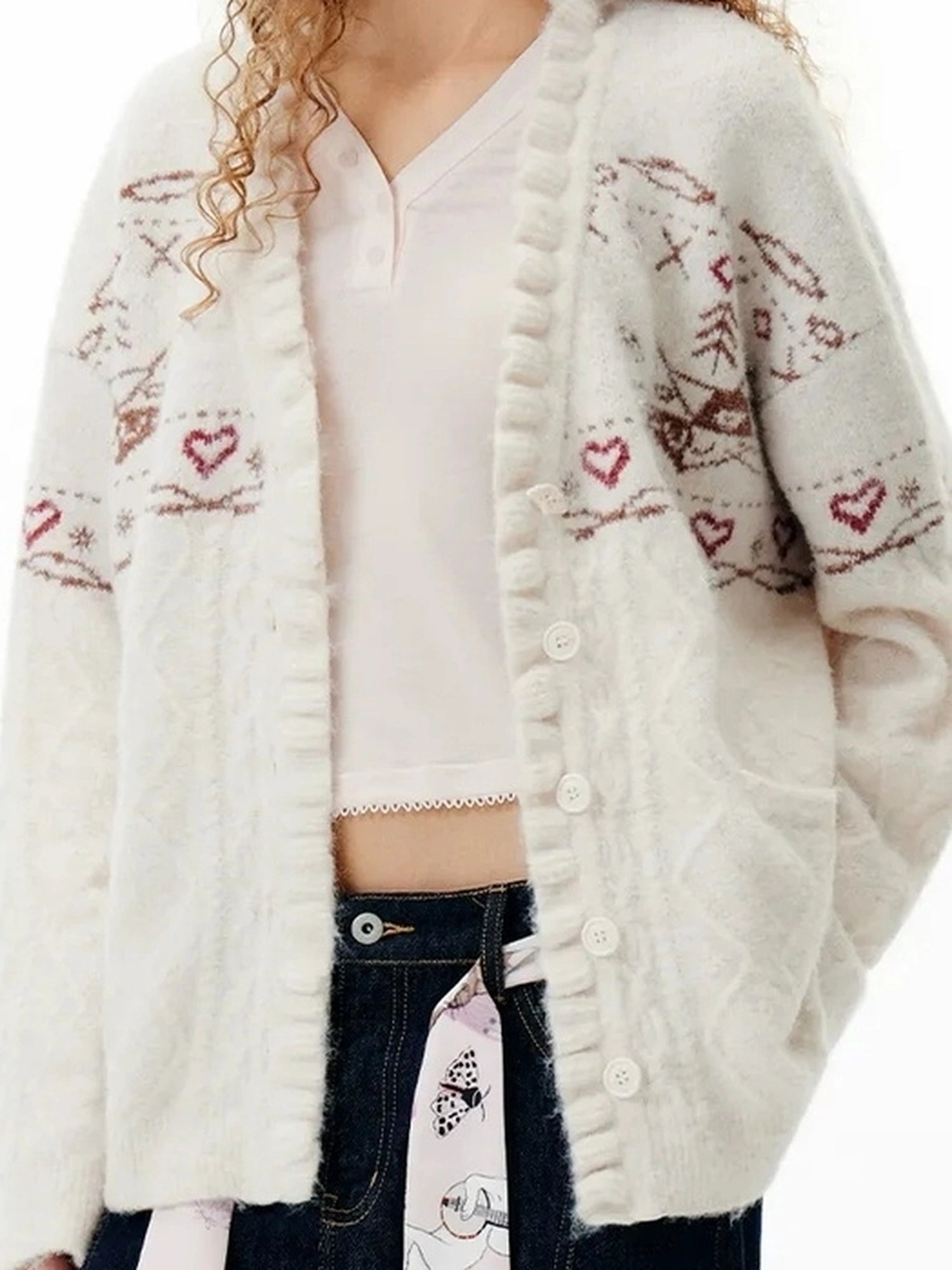 OuttheBlue Fair Isle Cable Lace Cardigan V-neck T-shirt Long Sleeve