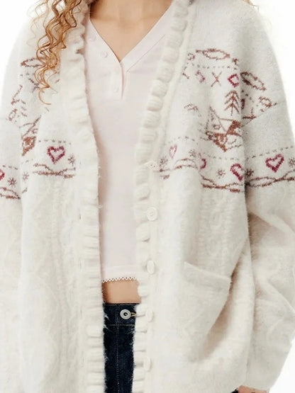OuttheBlue Fair Isle Cable Lace Cardigan V-neck T-shirt Long Sleeve