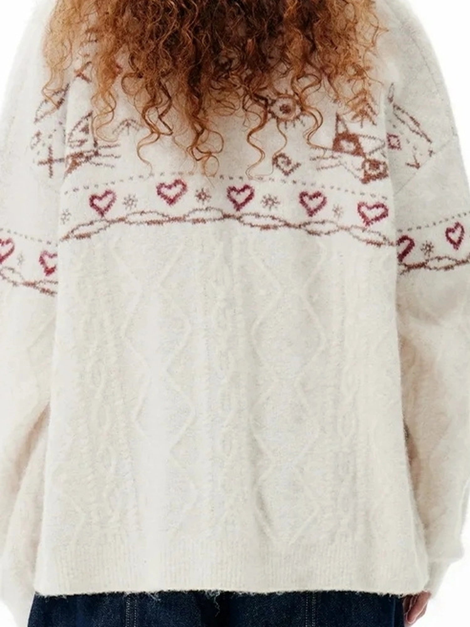 OuttheBlue Fair Isle Cable Lace Cardigan V-neck T-shirt Long Sleeve