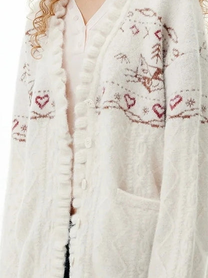 OuttheBlue Fair Isle Cable Lace Cardigan V-neck T-shirt Long Sleeve