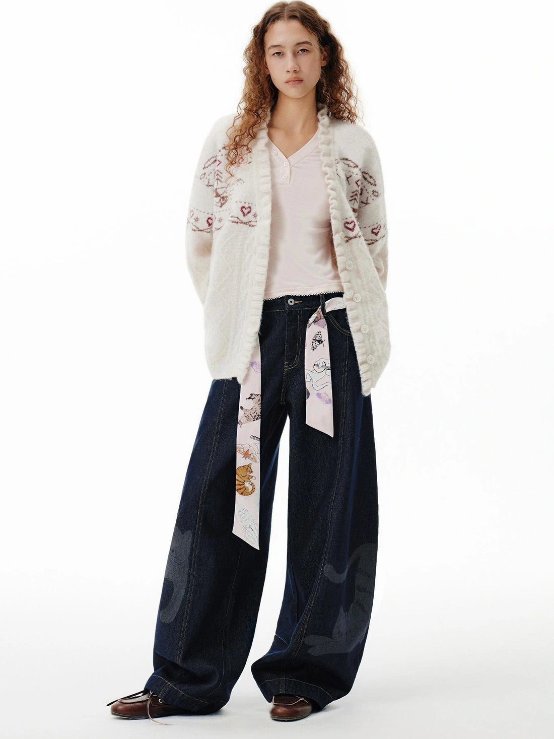 OuttheBlue Fair Isle Cable Lace Cardigan V-neck T-shirt Long Sleeve