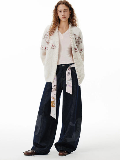 OuttheBlue Fair Isle Cable Lace Cardigan V-neck T-shirt Long Sleeve
