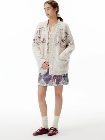 OuttheBlue Fair Isle Cable Lace Cardigan V-neck T-shirt Long Sleeve