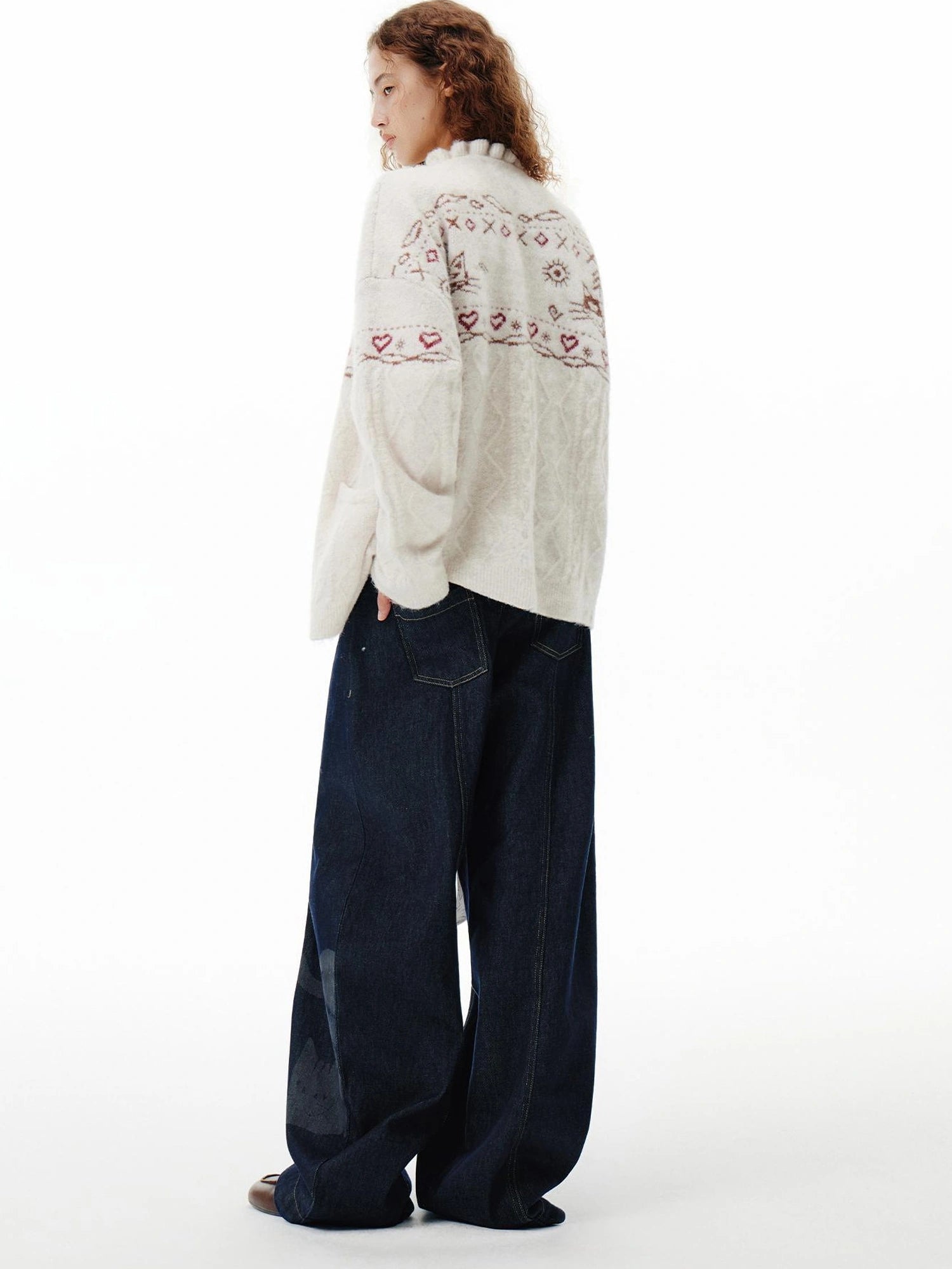 OuttheBlue Fair Isle Cable Lace Cardigan V-neck T-shirt Long Sleeve