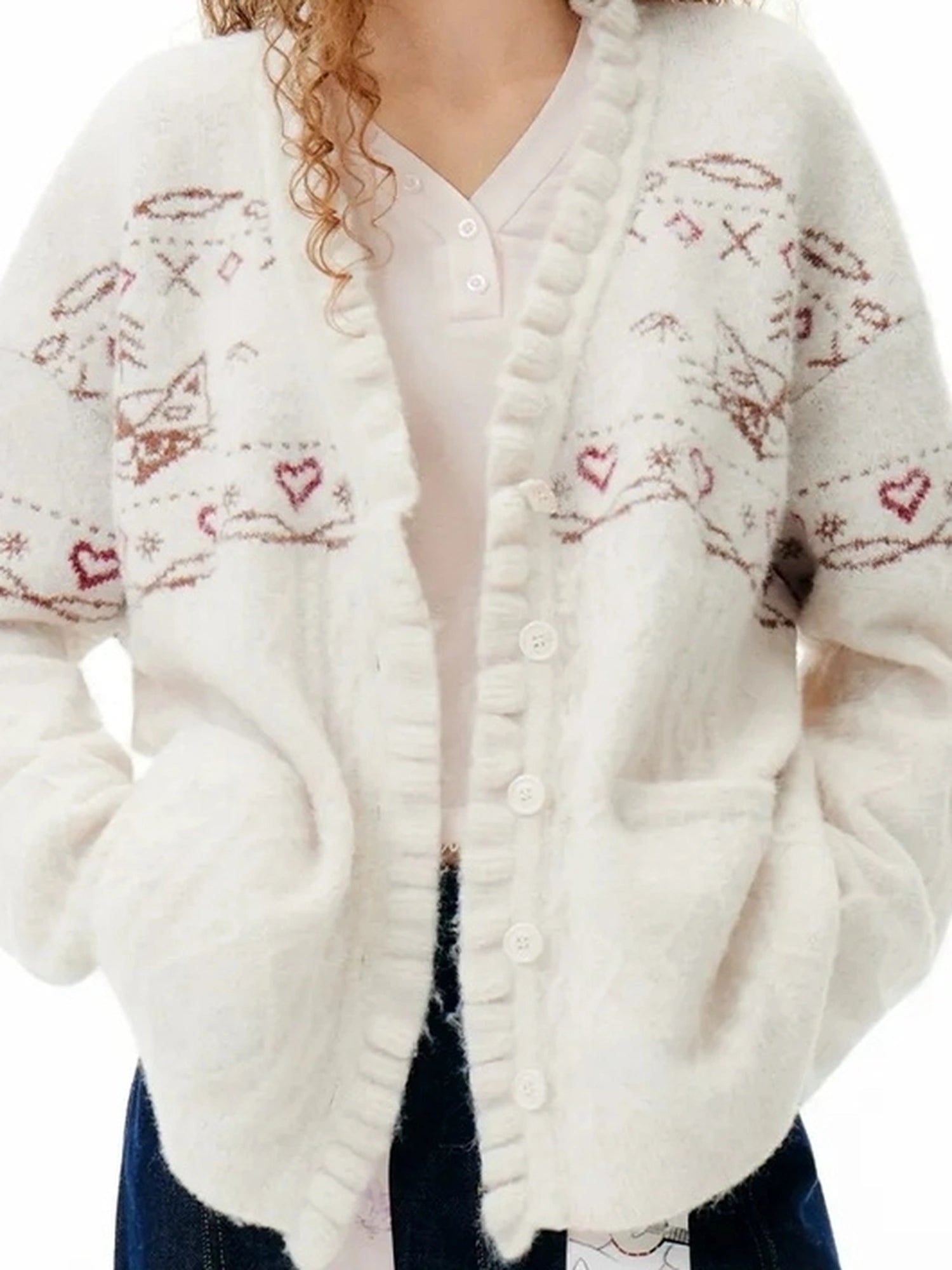 OuttheBlue Fair Isle Cable Lace Cardigan V-neck T-shirt Long Sleeve