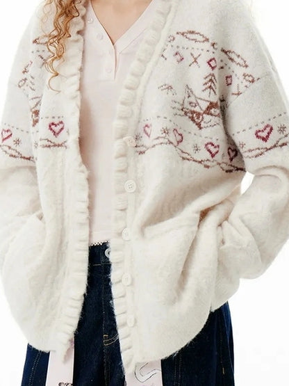 OuttheBlue Fair Isle Cable Lace Cardigan V-neck T-shirt Long Sleeve