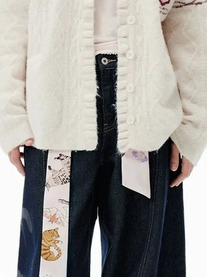 OuttheBlue Fair Isle Cable Lace Cardigan V-neck T-shirt Long Sleeve