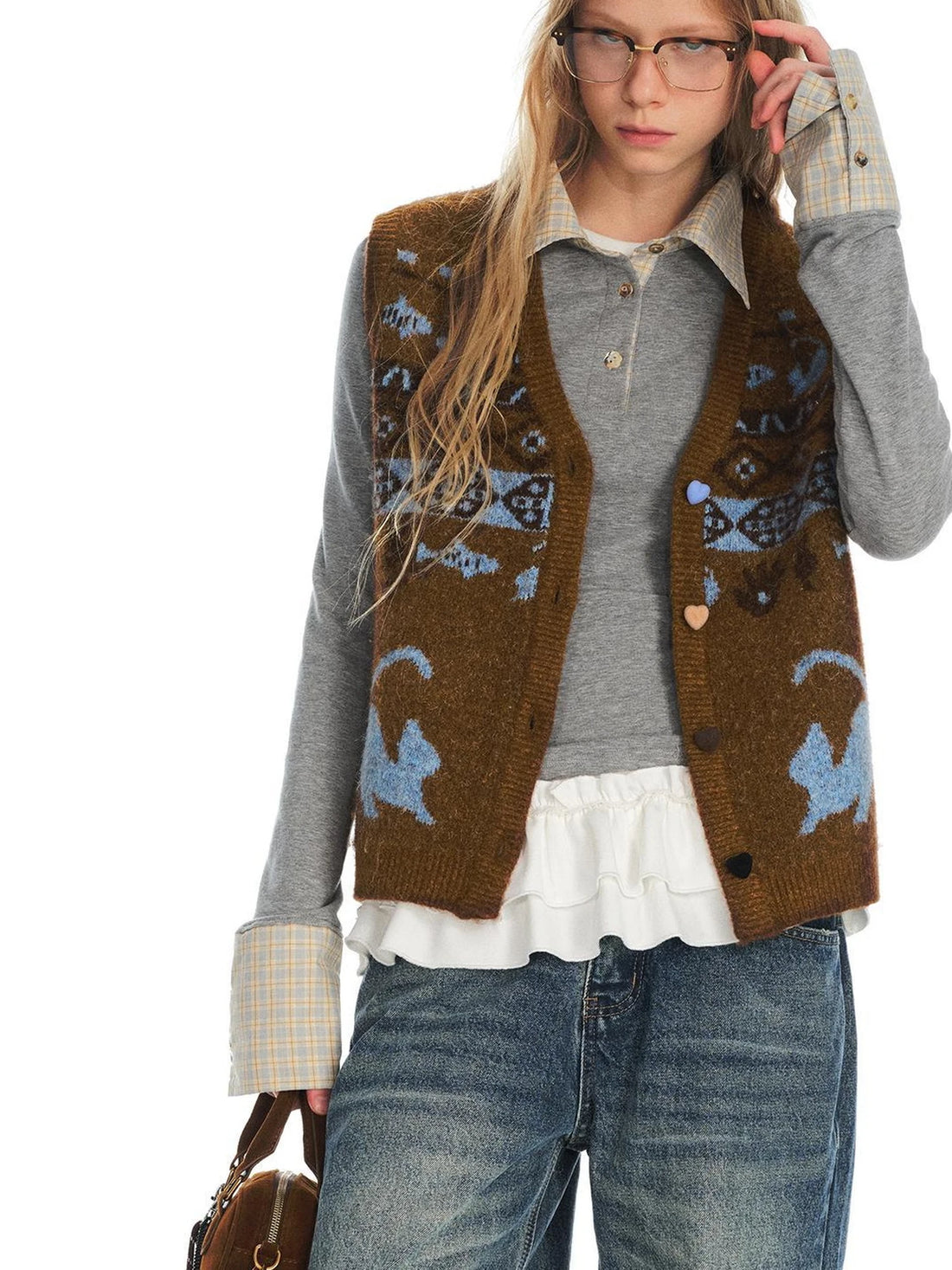 OuttheBlue Fair Isle Knit Cat Vest V-neck T-shirt Long Sleeve