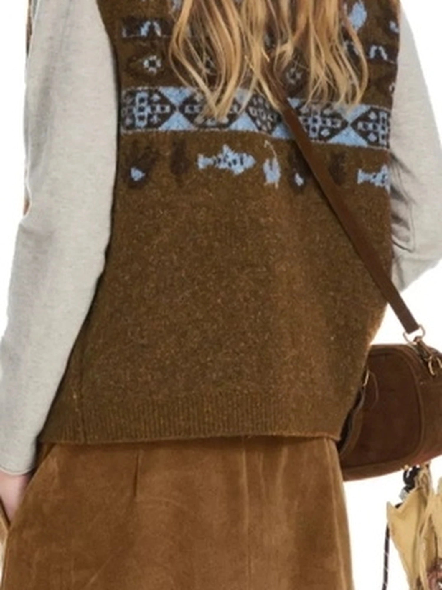 OuttheBlue Fair Isle Knit Cat Vest V-neck T-shirt Long Sleeve