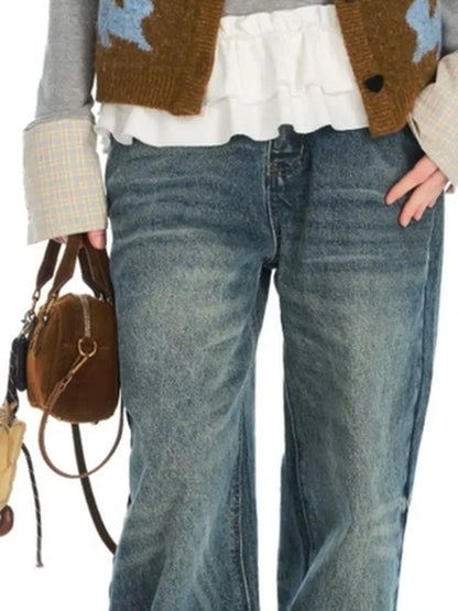 OuttheBlue Fair Isle Knit Cat Vest V-neck T-shirt Long Sleeve