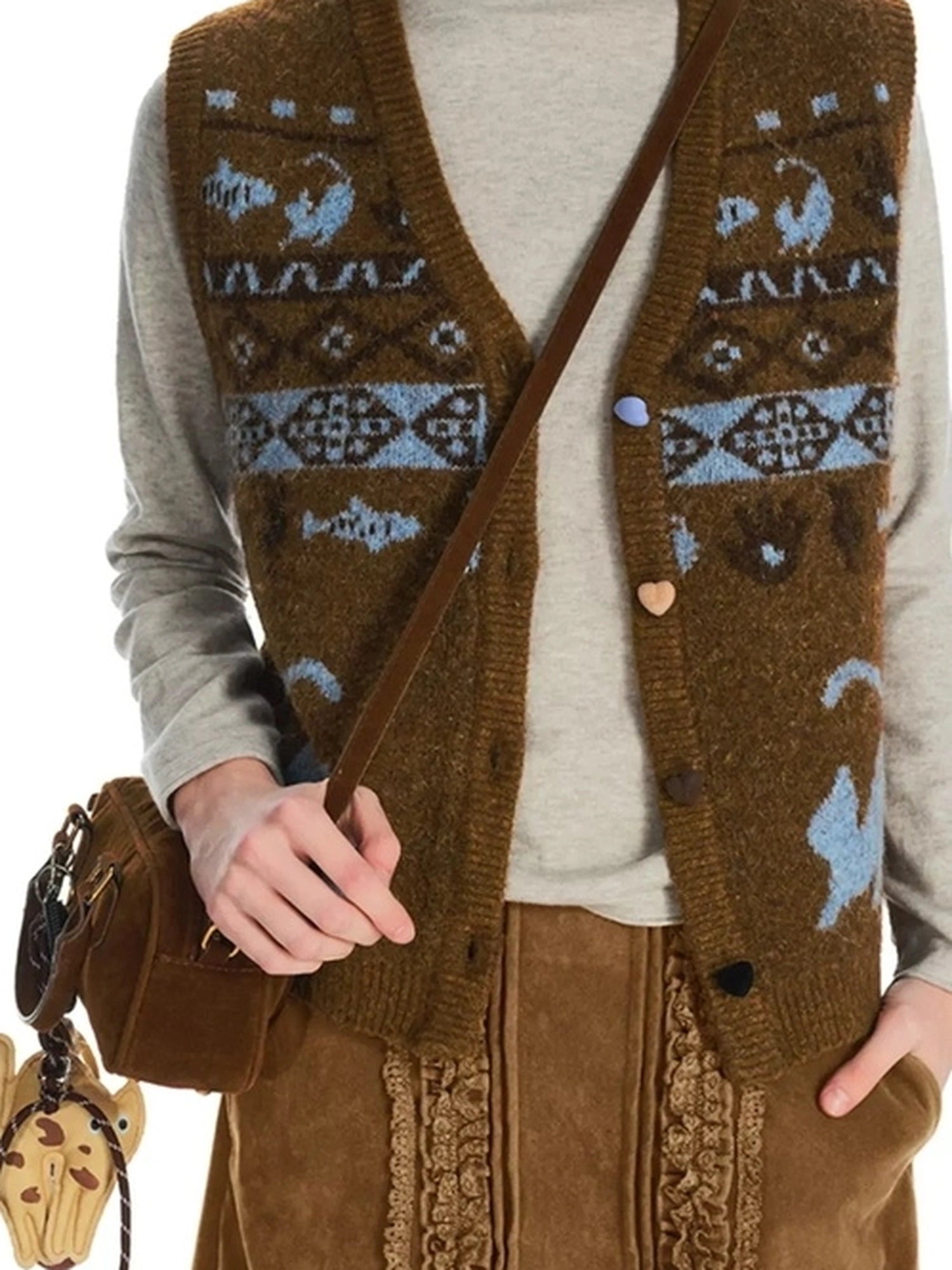 OuttheBlue Fair Isle Knit Cat Vest V-neck T-shirt Long Sleeve