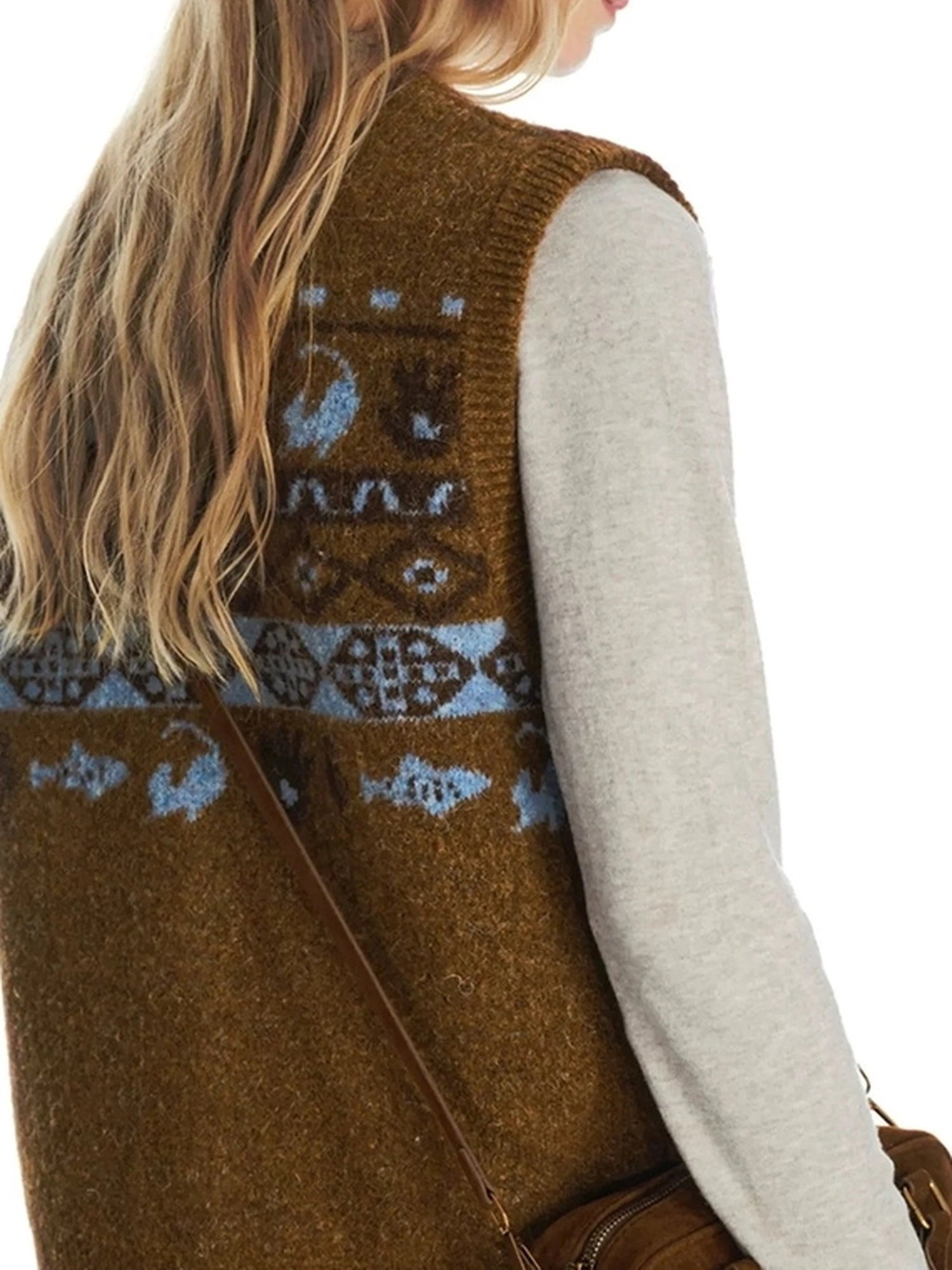 OuttheBlue Fair Isle Knit Cat Vest V-neck T-shirt Long Sleeve