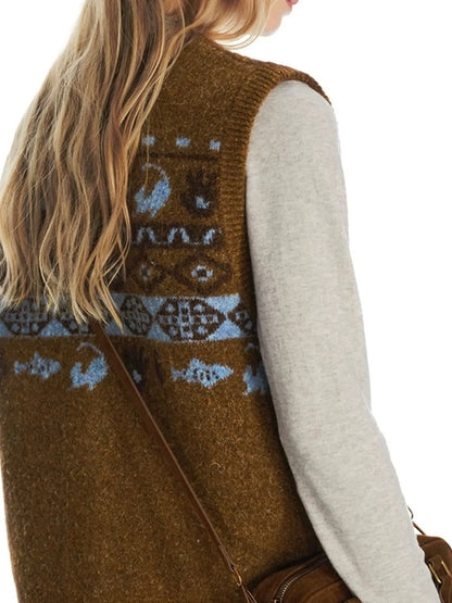 OuttheBlue Fair Isle Knit Cat Vest V-neck T-shirt Long Sleeve