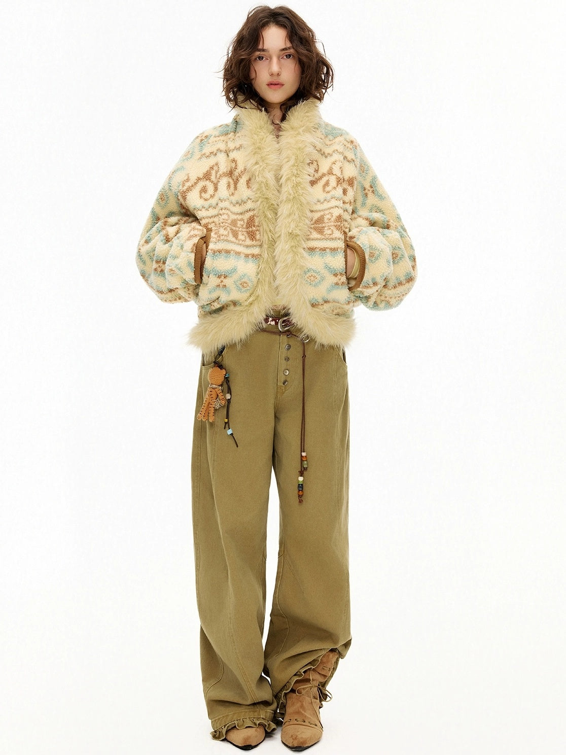 OuttheBlue Faux Fur Collar Loose Fit Casual Mid Length Geometric Women Polyester Jacket