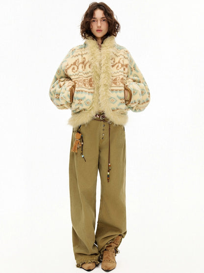 OuttheBlue Faux Fur Collar Loose Fit Casual Mid Length Geometric Women Polyester Jacket