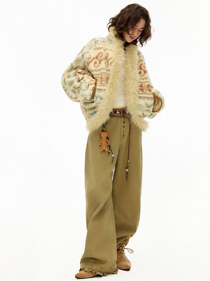 OuttheBlue Faux Fur Collar Loose Fit Casual Mid Length Geometric Women Polyester Jacket