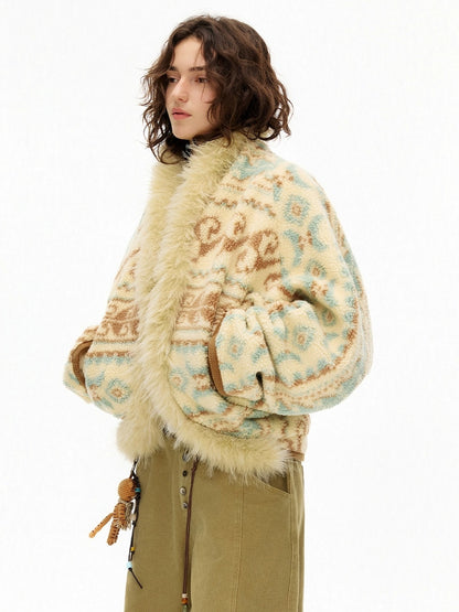 OuttheBlue Faux Fur Collar Loose Fit Casual Mid Length Geometric Women Polyester Jacket