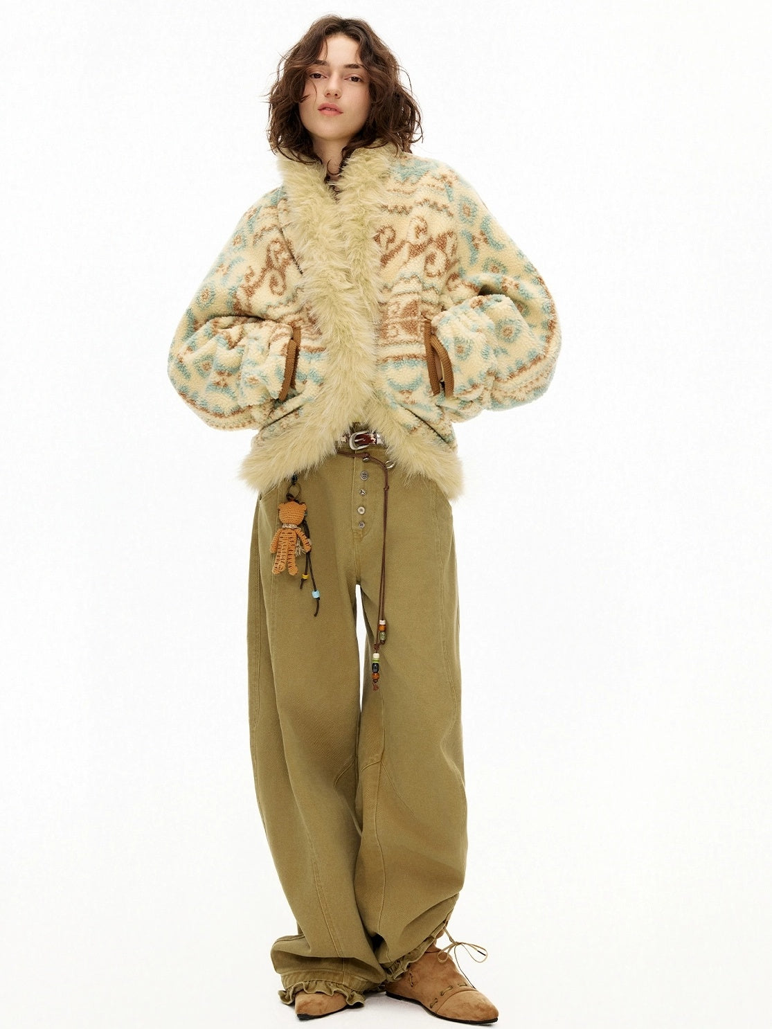 OuttheBlue Faux Fur Collar Loose Fit Casual Mid Length Geometric Women Polyester Jacket