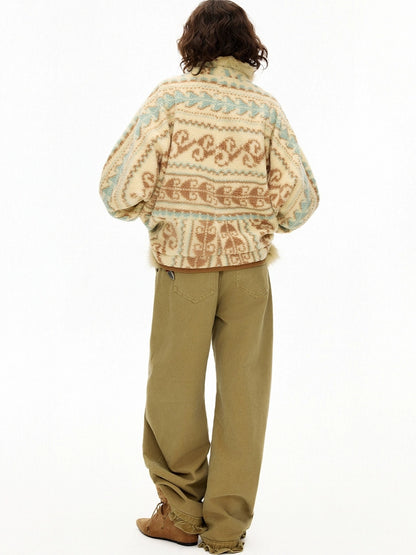 OuttheBlue Faux Fur Collar Loose Fit Casual Mid Length Geometric Women Polyester Jacket