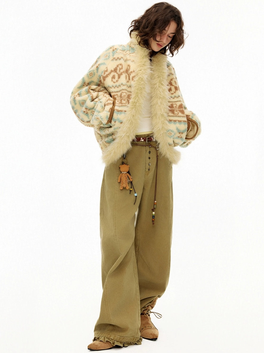 OuttheBlue Faux Fur Collar Loose Fit Casual Mid Length Geometric Women Polyester Jacket