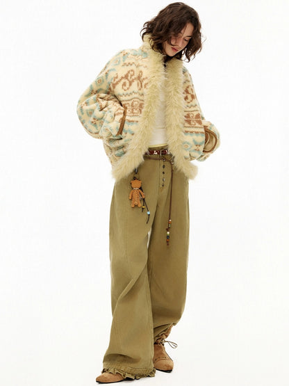 OuttheBlue Faux Fur Collar Loose Fit Casual Mid Length Geometric Women Polyester Jacket