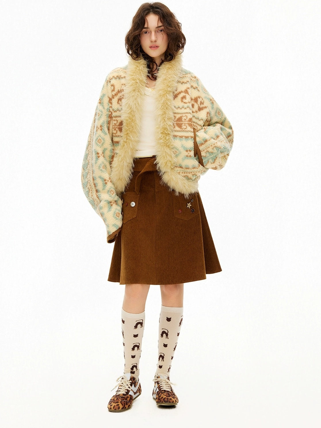 OuttheBlue Faux Fur Collar Loose Fit Casual Mid Length Geometric Women Polyester Jacket