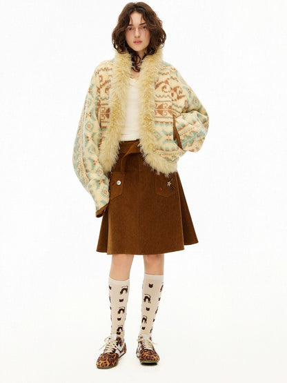 OuttheBlue Faux Fur Collar Loose Fit Casual Mid Length Geometric Women Polyester Jacket