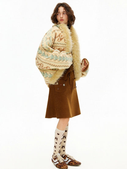 OuttheBlue Faux Fur Collar Loose Fit Casual Mid Length Geometric Women Polyester Jacket